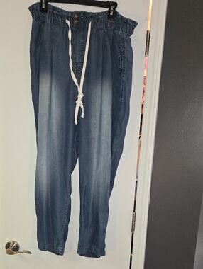 Zenana Outfitters Blue Drawstring Paperbag Waist Jogger Jeans